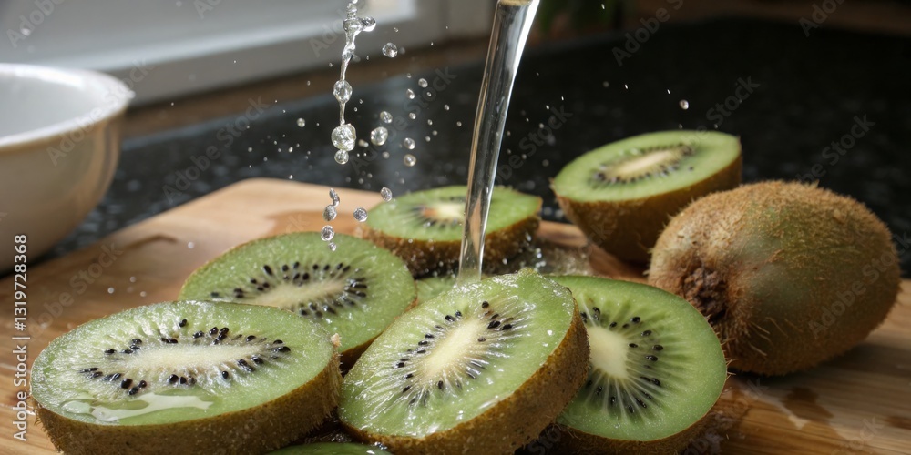 Fresh kiwi slices getting rinsed with water in a kitchen setting during daylight hours