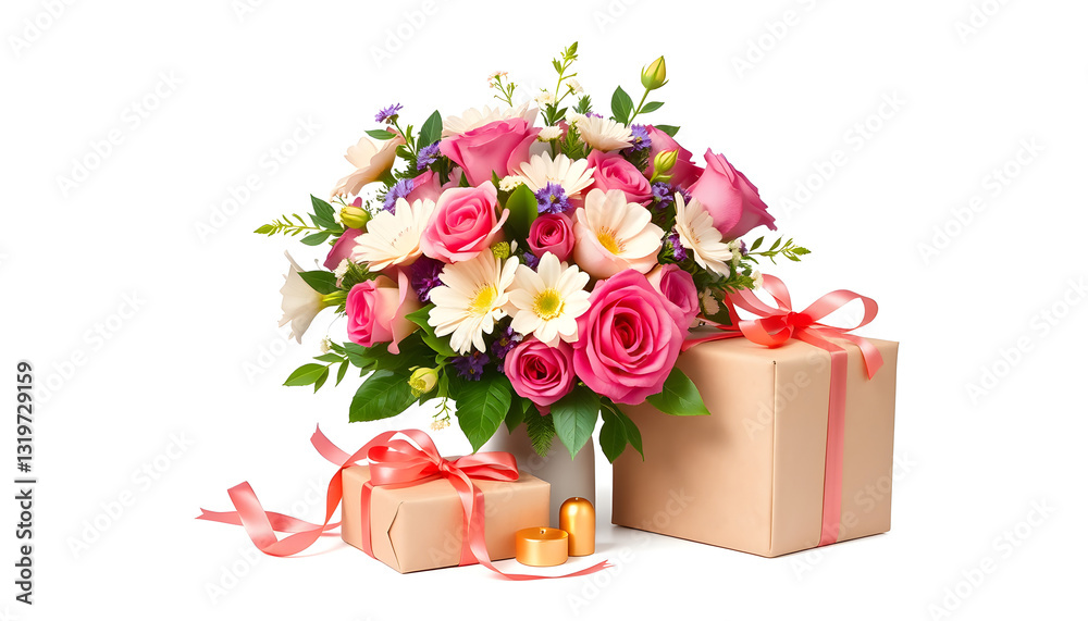 Obraz premium Fresh bouquet of flowers and wrapped gifts for an anniversary celebration , with white tonespng