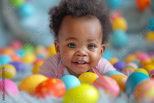 Smiling children enjoying Easter Celebration with Colorful Eggs on a Sunny Day Outdoors