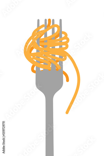 Illustration of spaghetti pasta twirled around a fork on white background. Simple flat design food graphic, perfect for Italian cuisine concepts, menu designs, and cooking blogs. Clean vector style