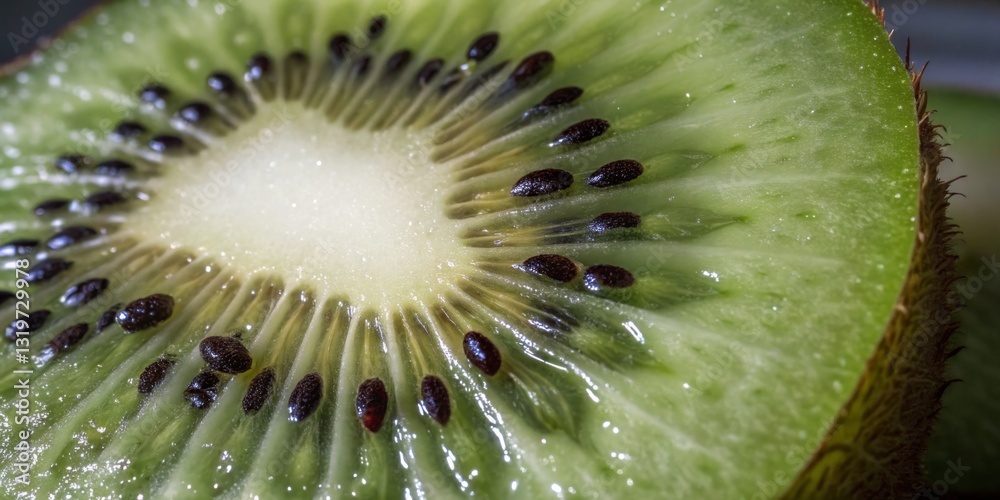Freshly sliced kiwi fruit revealing vibrant green flesh and tiny black seeds in a close-up view captured in natural light