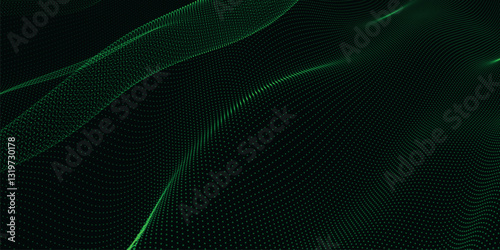 Futuristic dot wave. Abstract digital particle wave. Technology background. Colored musical wave. Dark background. Digital background with smooth, wavy curves. 3D vector illustration