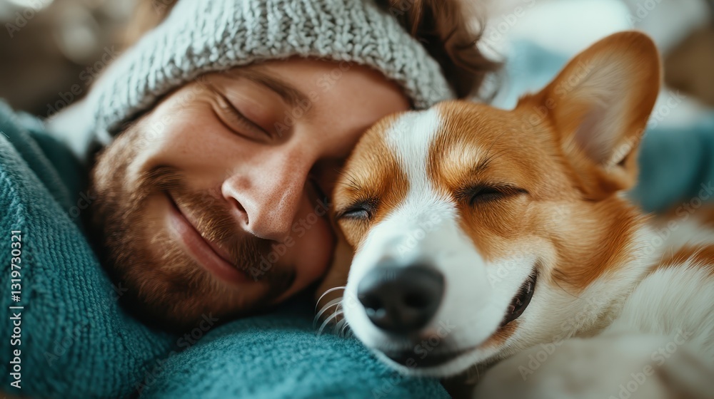 A joyful moment captured between a man and his corgi, both smiling while cuddling together, embodying the warmth and companionship shared between pets and their owners. A joyful moment captured between a man and his corgi, both smiling while cuddling together, embodying the warmth and companionship shared between pets and their owners.