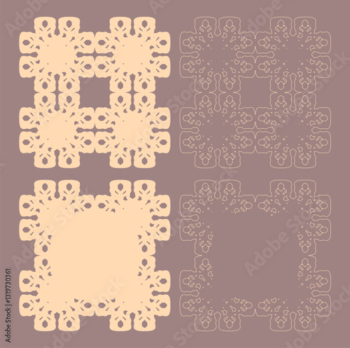 Four ornate square designs. Lace, doily, lattice, laser cut, stencil, engrave. Symmetrical patterns. Intricate details. Beige and taupe. Decorative art. Vintage aesthetic. Isolated elements. 
