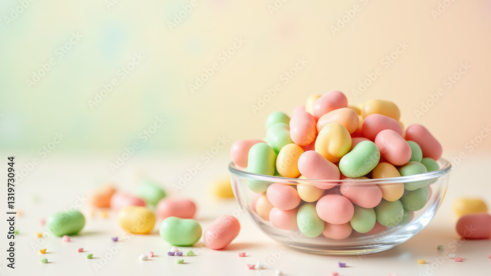 Colored candy with no artificial dyes, presented in a clear bowl on a light surface. Colored candy with no artificial dyes, presented in a clear bowl on a light surface.