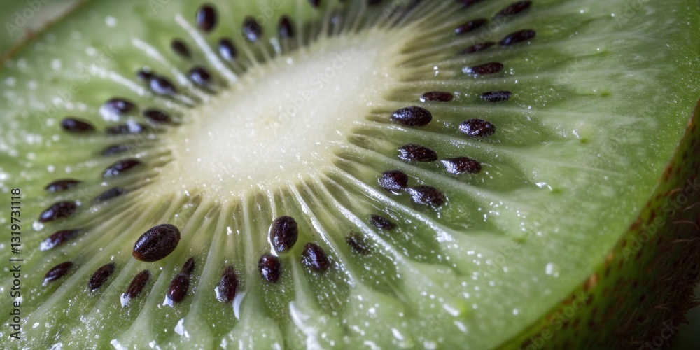 Freshly sliced kiwi fruit showcasing its vibrant green flesh and unique seed pattern