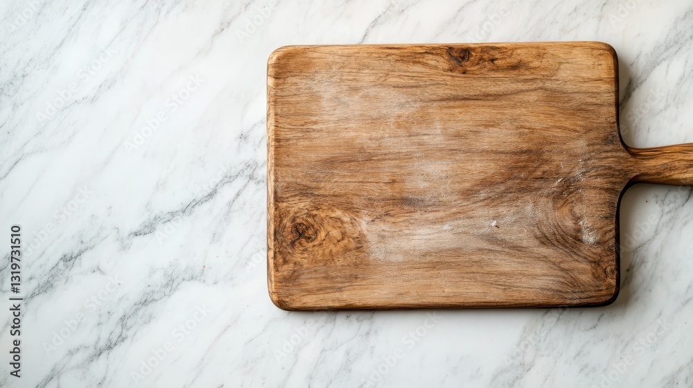 A rustic wooden cutting board with a beautiful grain is placed on a smooth marble surface, showcasing the contrast between the natural wood and sleek stone. A rustic wooden cutting board with a beautiful grain is placed on a smooth marble surface, showcasing the contrast between the natural wood and sleek stone.
