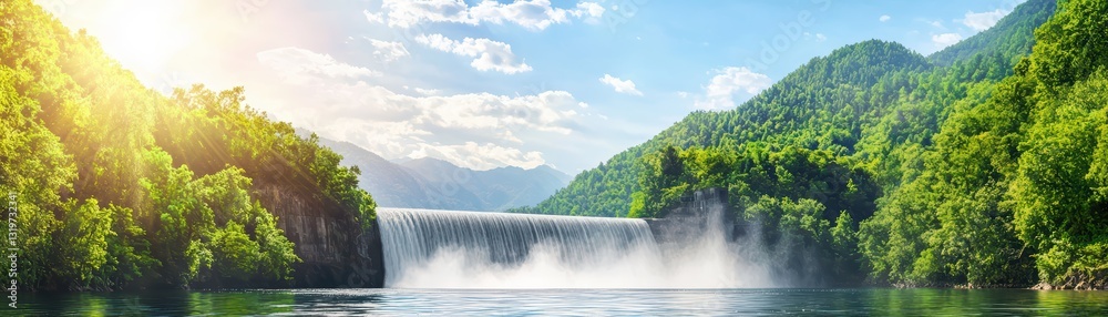 Fototapeta premium Hydroelectric Dam and Waterfall in Lush Green Landscape under Bright Blue Sky
