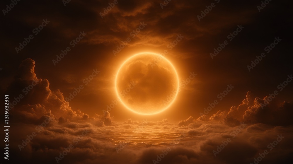 Fototapeta premium Fiery Celestial Orb: An Enigmatic Lunar Display Above a Sea of Clouds