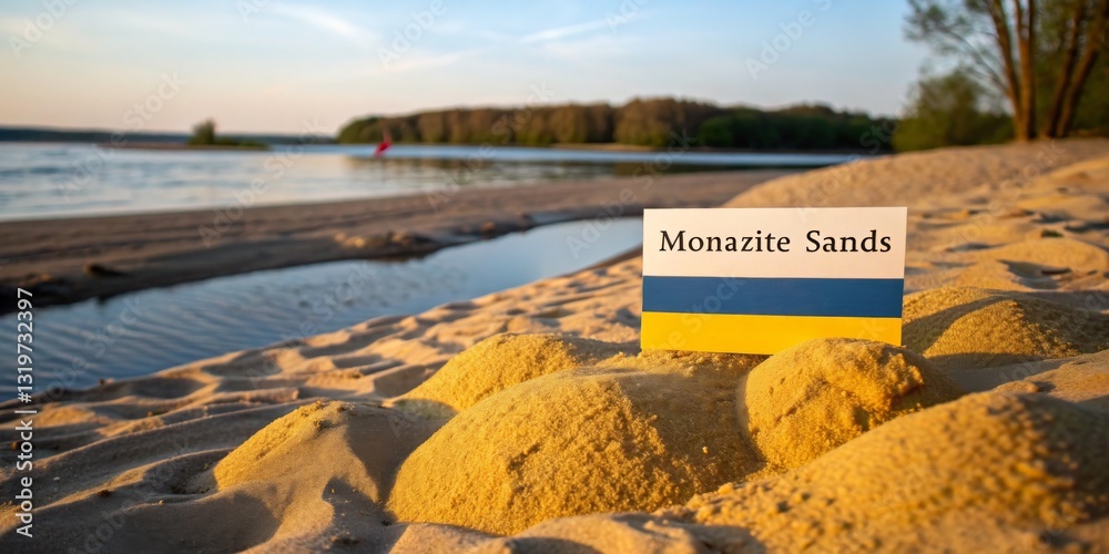 Sand dunes on a serene lake shore with a sign for Monazite Sands during sunset