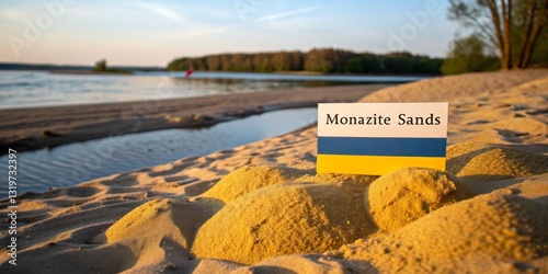 Obraz na płótnie Sand dunes on a serene lake shore with a sign for Monazite Sands during sunset w salonie