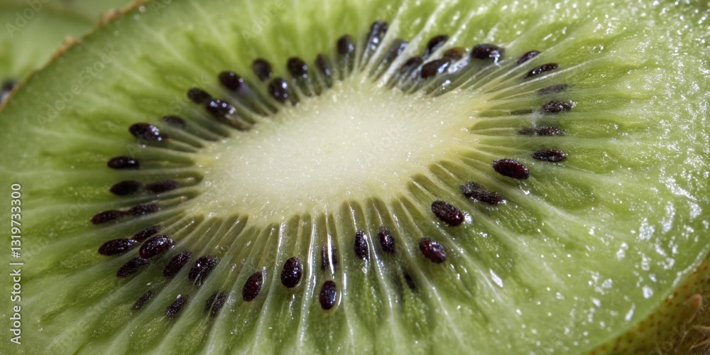 Close-up of a sliced kiwi revealing vibrant green flesh and tiny black seeds in natural light
