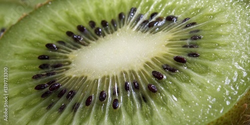 Obraz na płótnie Close-up of a sliced kiwi revealing vibrant green flesh and tiny black seeds in natural light w salonie