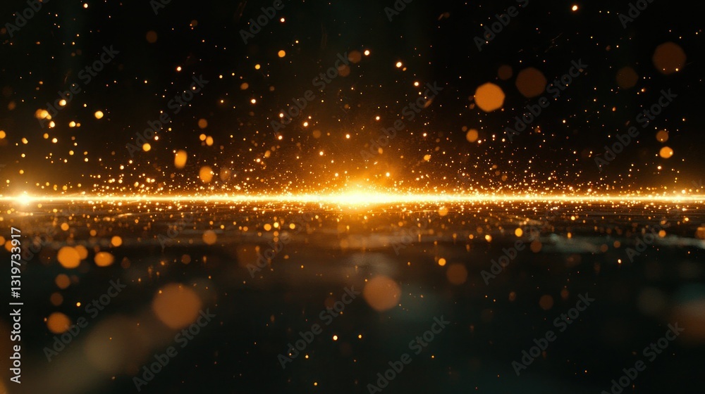 Naklejka premium Golden light streaks across dark space, bokeh background, event backdrop