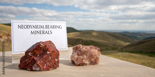 Neodymium-bearing minerals showcased on a table with scenic mountain background during a geological exhibition