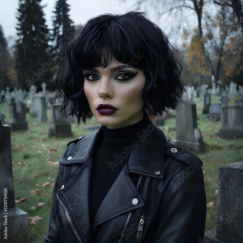 la morte raffigurata come una giovane donna vestita di nero in un cimitero, Death depicted as a young woman dressed in black in a cemetery photo