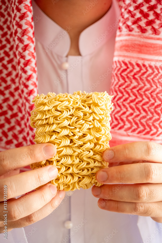 Obraz premium Saudi in Arab dress holding out instant noodles