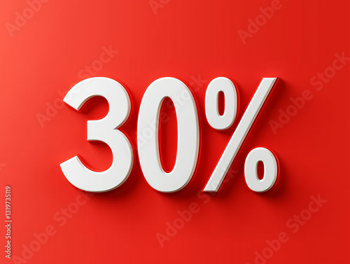 3D white text '30%' on a vibrant red background. Bright and modern discount promotion design for advertising, banners, and e-commerce