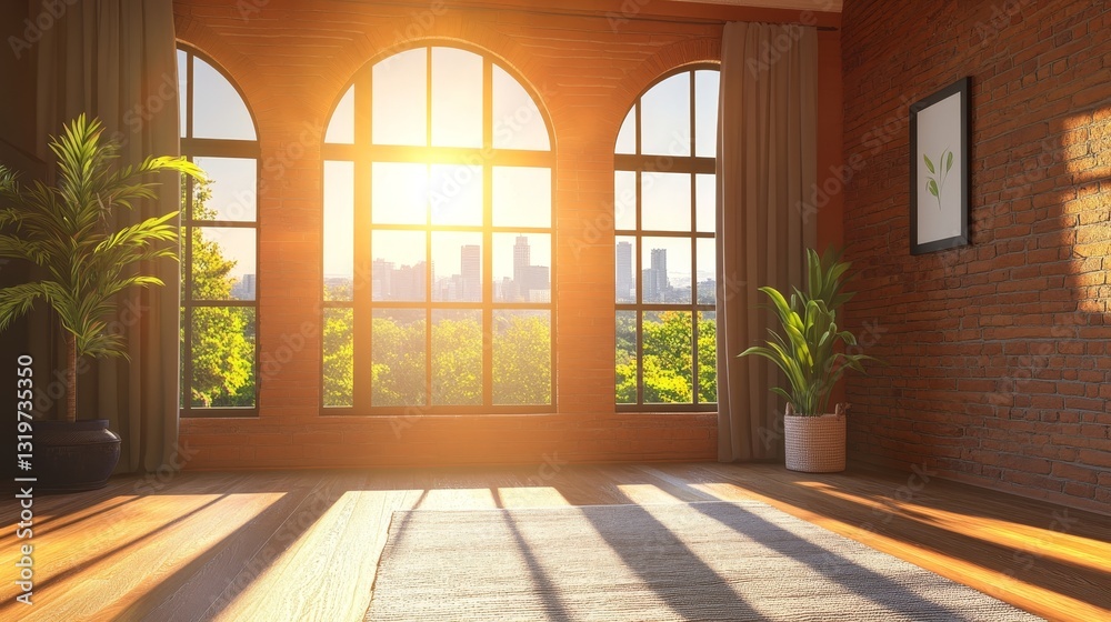 Fototapeta premium Bright sunlit interior of a modern room with large windows showcasing a city skyline