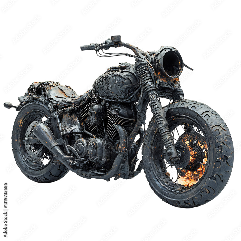 Burned Up Motorcycle with Melted Bodywork and Flames Isolated on Transparent Background Burned Up Motorcycle with Melted Bodywork and Flames Isolated on Transparent Background