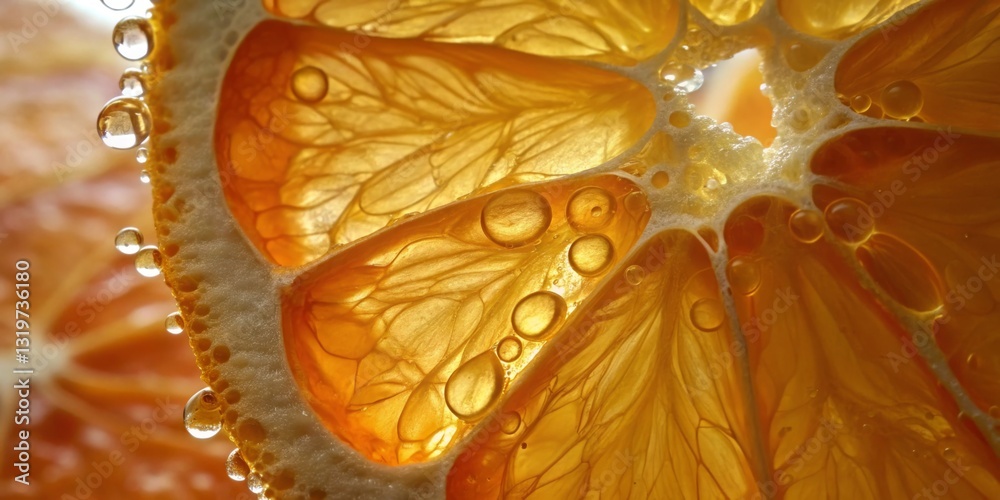 Close-up view of orange slices with droplets reflecting natural light and showcasing intricate textures and patterns
