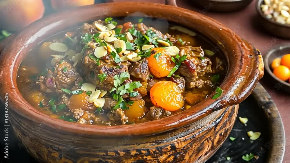 A steaming pot of savory stew with vibrant vegetables and herbs, served on a rustic table