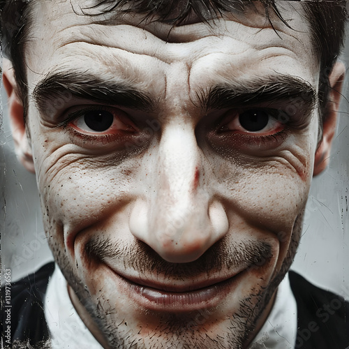 primo piano di uomo dal volto stanco, barba, occhi rossi e dal sorriso ironico, primo piano di uomo dal volto stanco e dal sorriso ironico photo