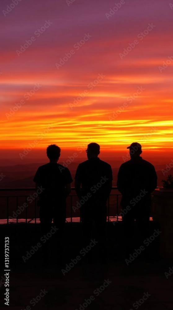 Fototapeta premium Three men stand on a balcony looking out at the sunset