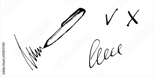 Writing ballpoint pen. Pen outline drawing painted by black inks. Hand drawn vector illustration on white background. Monochrome Hand-Drawn Ballpoint Pen Icon. Outline line icon