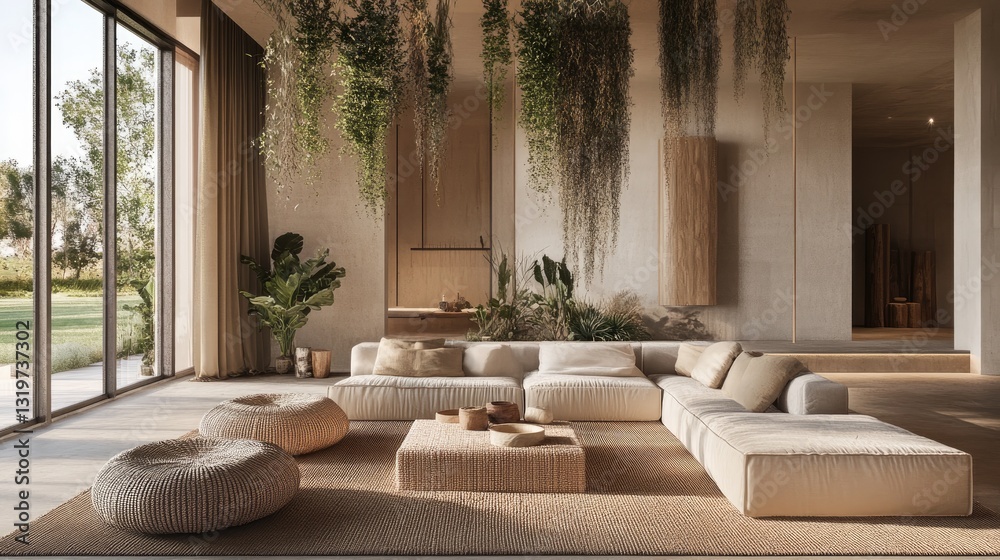Fototapeta premium Bohemian-style living space with hanging greenery, woven decor, and earthy tones.