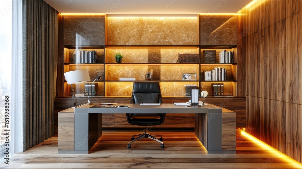 Fototapeta premium Chic office space with modern LED strip lights, stylish desk lamps, and a cozy ambiance.