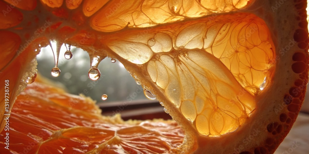 Droplets of juice form on a fresh orange slice revealing its vibrant inner texture and details