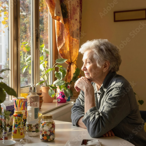 A woman is sitting at a table looking out the window