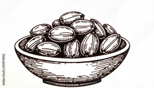 Vintage ink sketch of a wooden bowl filled with dates, classic artistry