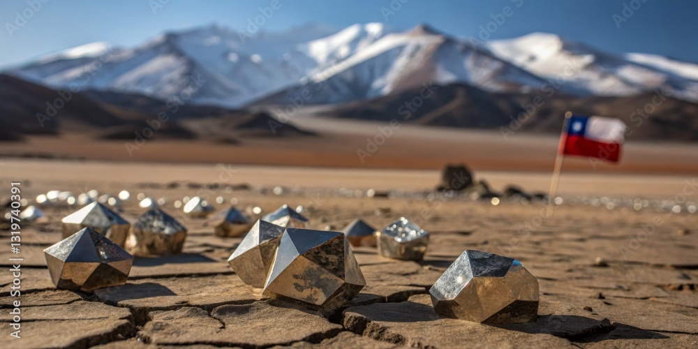 Unique metallic shapes glisten under sunlight on the arid landscape of Chile with mountains in the background