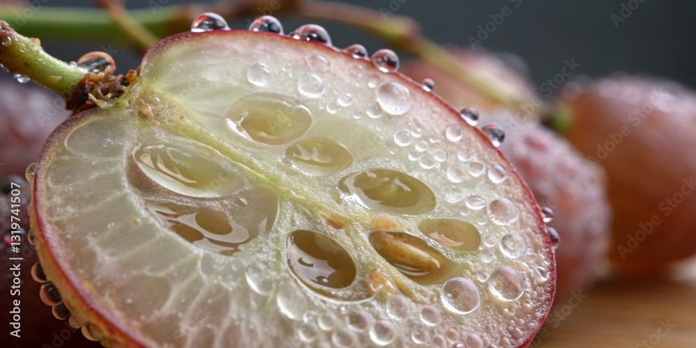 Fresh red grapes with droplets on cut surface showcase lush texture and juicy interior during a close-up shot