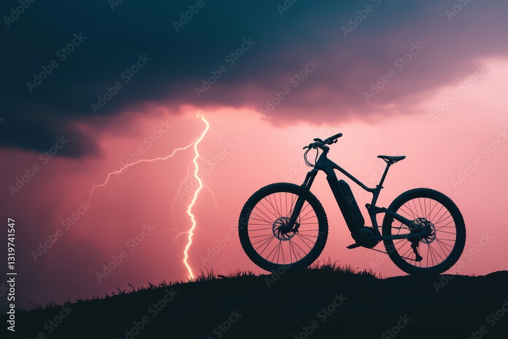 Obraz premium Surreal Electric Bicycle Silhouette Against Dramatic Stormy Sky with Lightning Strikes