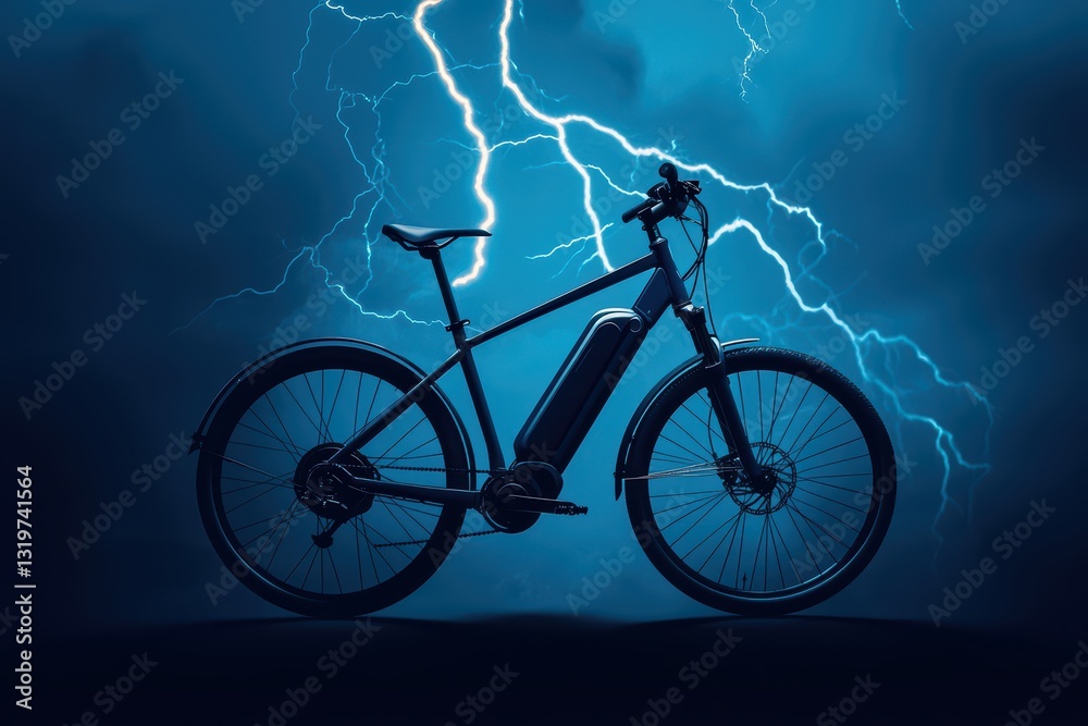 Obraz premium Unstoppable Electric Bike Concept Silhouette Against Dramatic Lightning Background