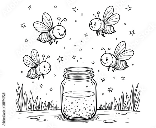 Fireflies Glowing in Night Sky Coloring Page