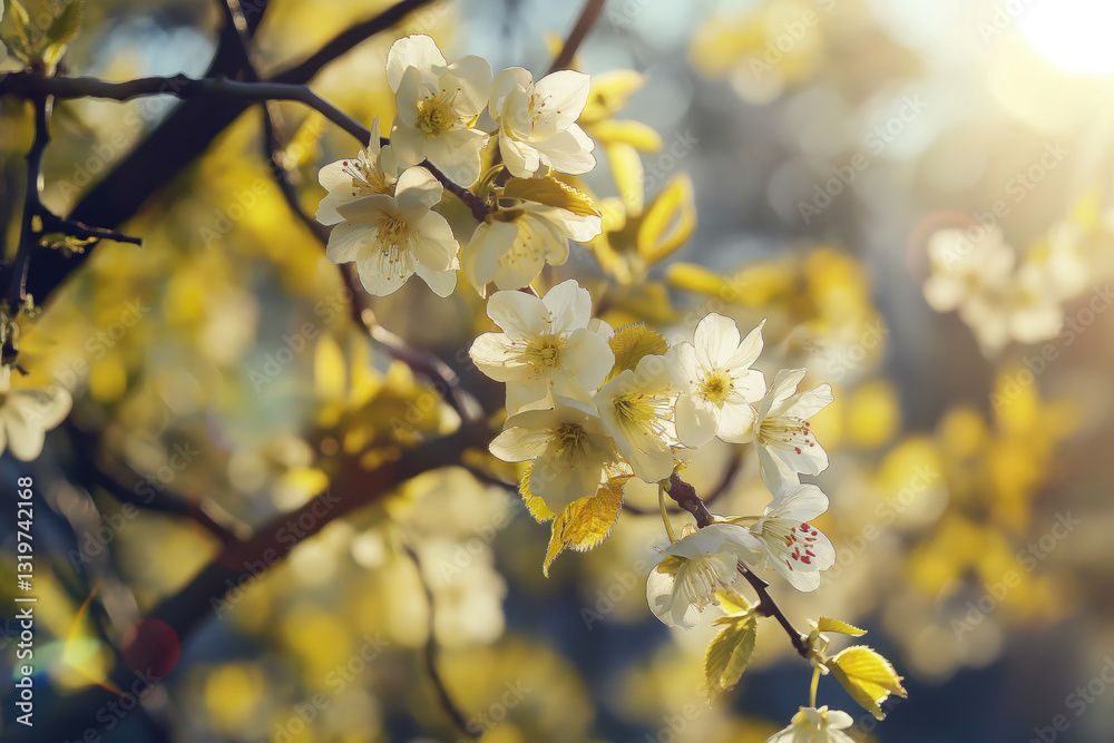 Beautiful white cherry blossoms blooming in spring sunlight. Delicate flowers on tree branches illuminated by golden morning light. Beautiful white cherry blossoms blooming in spring sunlight. Delicate flowers on tree branches illuminated by golden morning light.