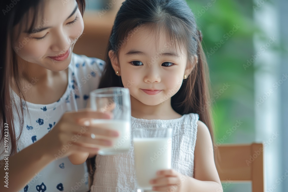 Celebrating a special moment with a child and mother over milk Celebrating a special moment with a child and mother over milk