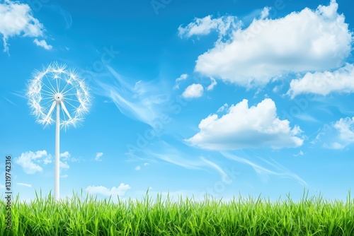 Large Wind Turbine with Blue Sky and Green Grass Illustrating Future of Renewable Energy
