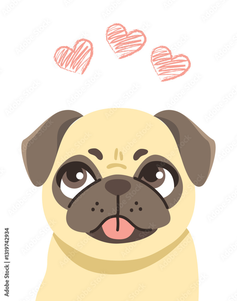 Fototapeta premium Cute puggy dog with hearts cartoon vector illustration. Pet animal with pink heart shape isolated on white background