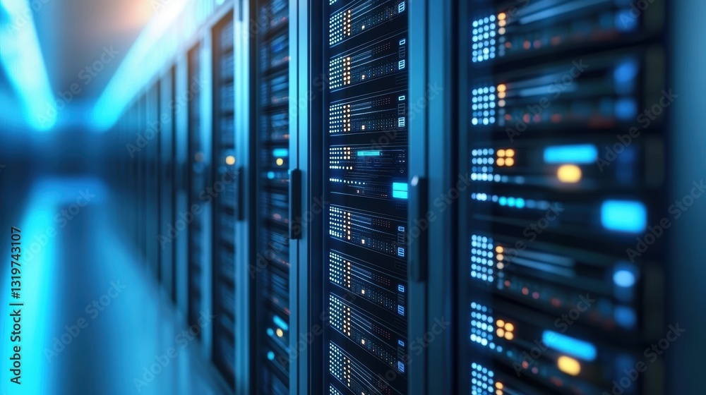 Modern Data Center with Rows of Servers in Blue Lighting Effect