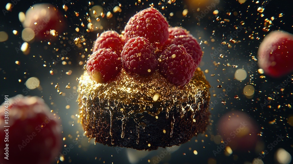 Golden-dusted chocolate cake topped with fresh raspberries, suspended mid-air with gold sprinkles flying around Golden-dusted chocolate cake topped with fresh raspberries, suspended mid-air with gold sprinkles flying around