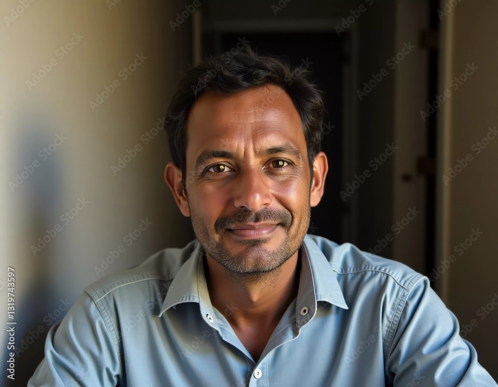 Obraz premium A resident of India radiates confidence with a genuine smile. Dressed in a neat shirt, he enjoys a moment of tranquility in a softly lit room, creating an inviting atmosphere