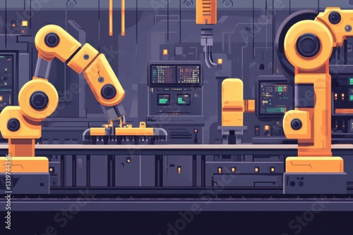 Automated production process with robotic machines and AI technology in a modern factory setting