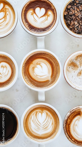 Savor the delightful top view of various coffee cups, each adorned with intricate latte art