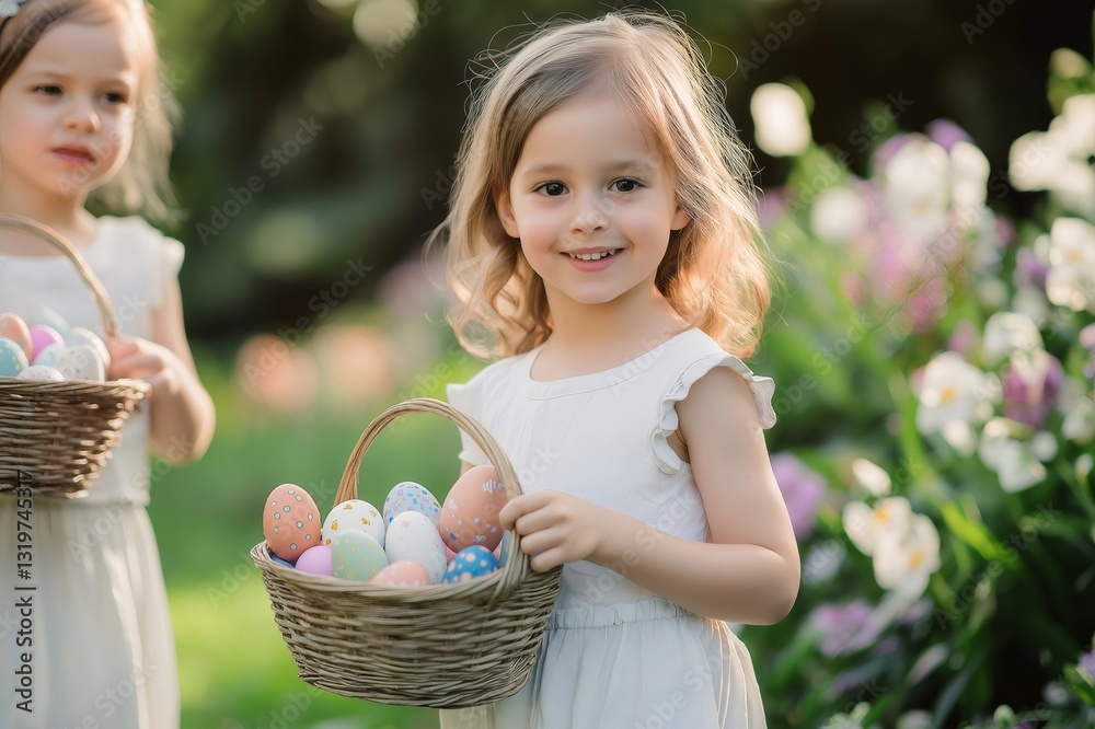 Two smiling girls holding baskets of easter eggs in blooming garden. Generative ai illustrations Two smiling girls holding baskets of easter eggs in blooming garden. Generative ai illustrations