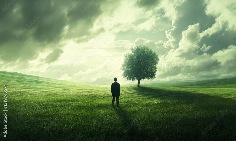 Man at Crossroads in Green Field Contemplating Life Choices Man at Crossroads in Green Field Contemplating Life Choices